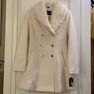 GUESS all white/cream fur pea coat
